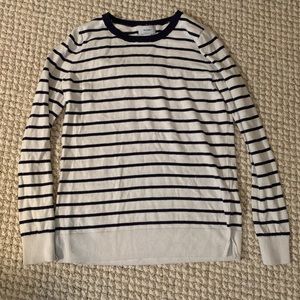 Navy blue and white striped sweat shirt